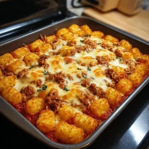 Tater Tot Pizza Casserole topped with melted cheese and fresh toppings