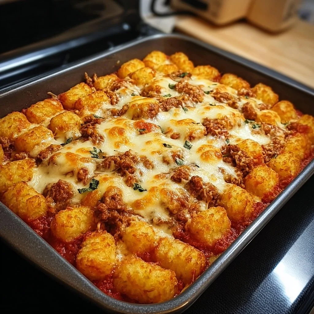 Tater Tot Pizza Casserole topped with melted cheese and fresh toppings