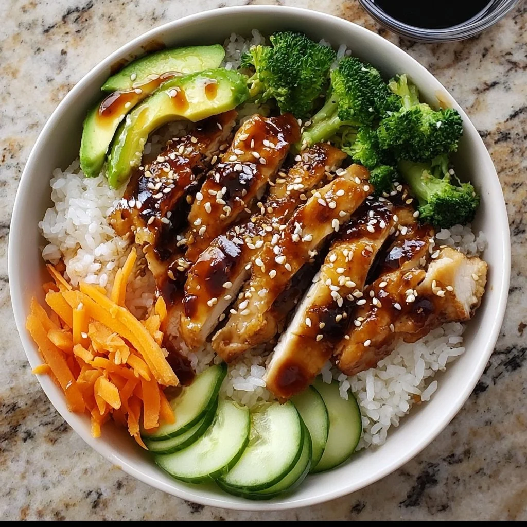 Delicious teriyaki chicken rice bowl topped with fresh vegetables.