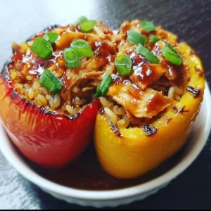 Teriyaki chicken stuffed peppers with pineapple, a colorful and tasty dish.