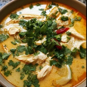 Bowl of Thai Coconut Chicken Soup with fresh ingredients and spices