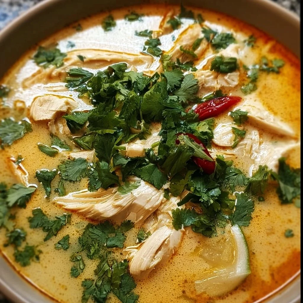 Bowl of Thai Coconut Chicken Soup with fresh ingredients and spices