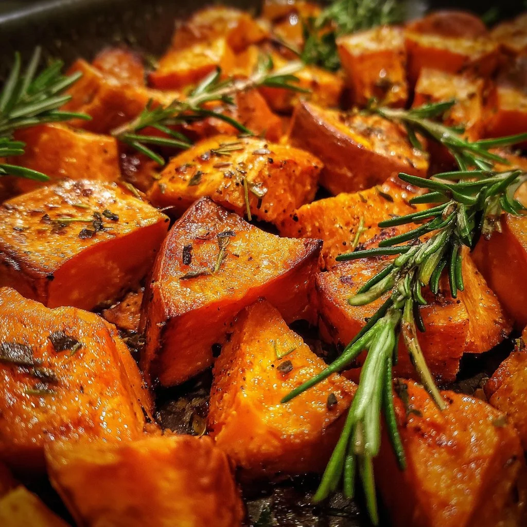 Thanksgiving roasted sweet potatoes garnished with rosemary