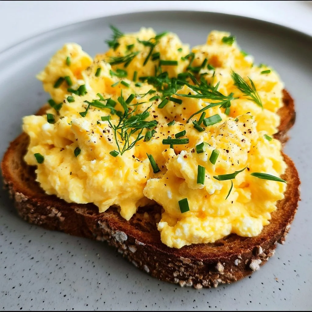 Bowl of creamy scrambled eggs with cottage cheese, garnished with herbs.