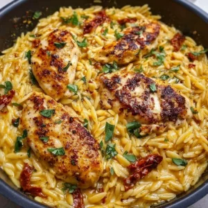 Creamy sun-dried tomato chicken orzo served in a bowl with herbs