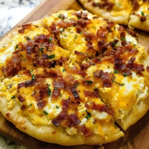 Delicious bacon egg cheese pizza with crispy bacon, eggs, and melted cheese.
