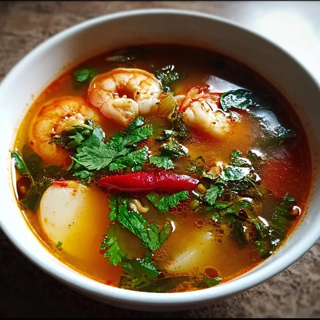 Bowl of traditional Tom Yum Soup with shrimp, herbs, and spices