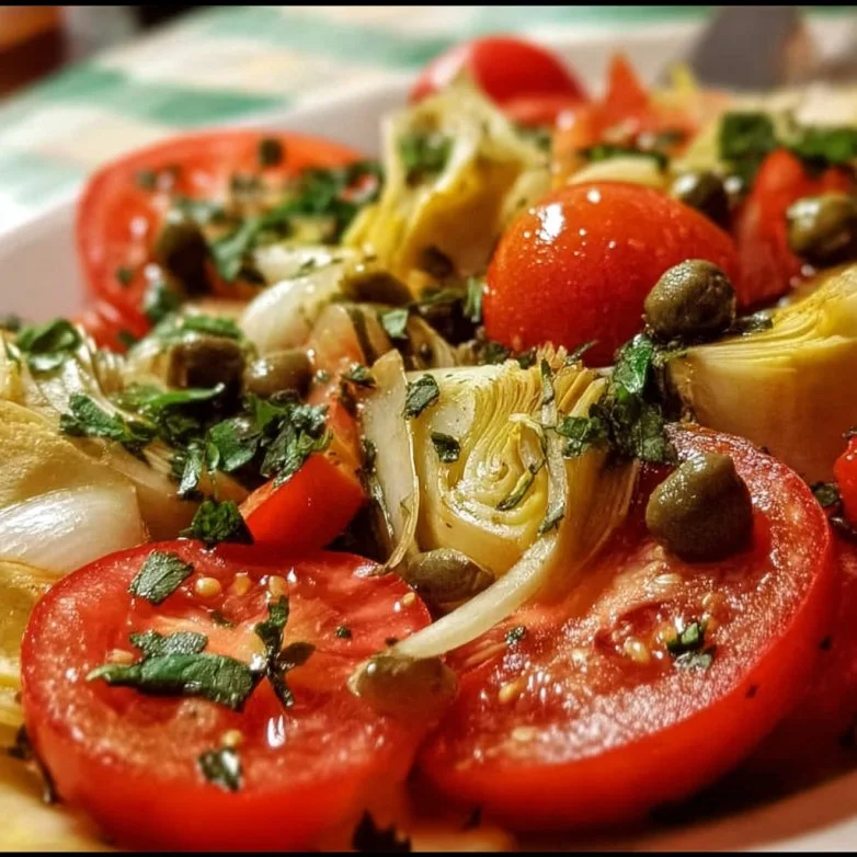 Fresh Tomato and Artichoke Salad with Capers served in a bowl