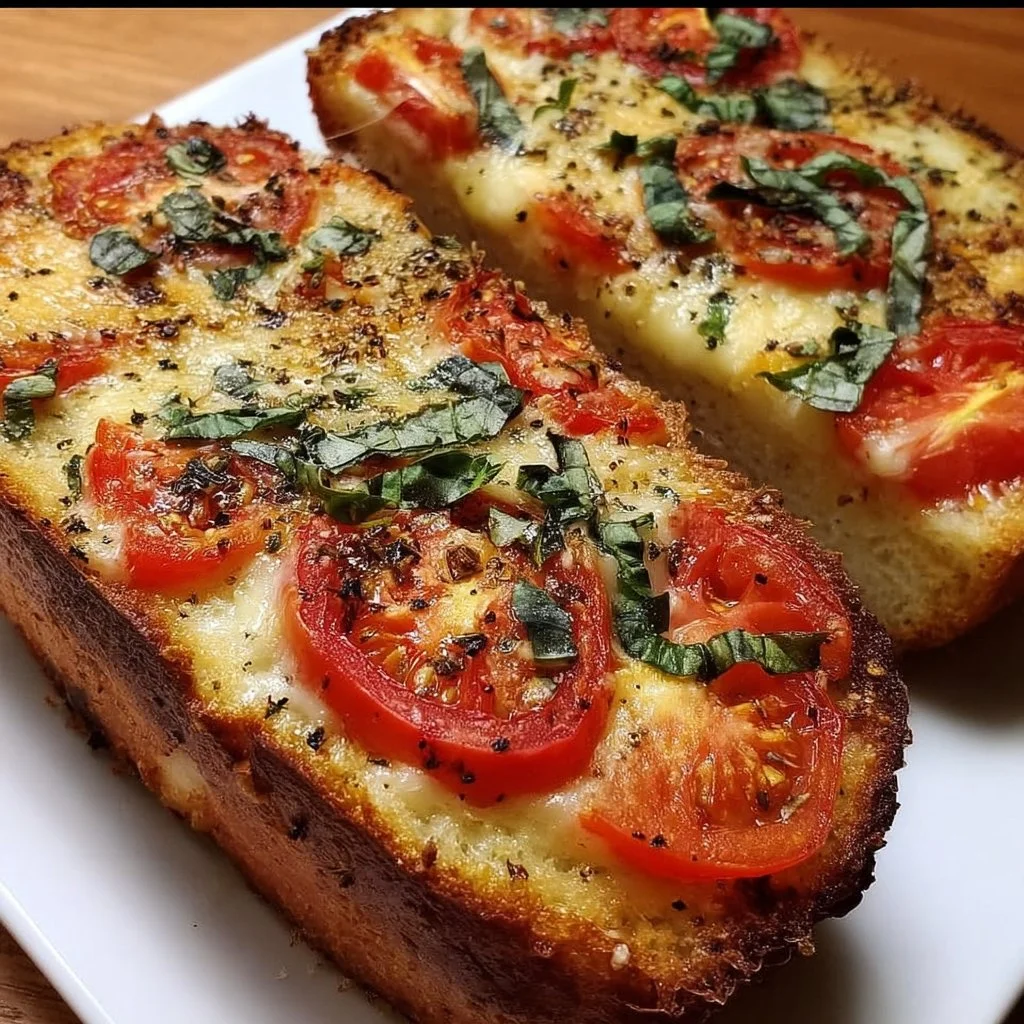 Freshly baked Tomato Basil Garlic Bread with herbs and garlic