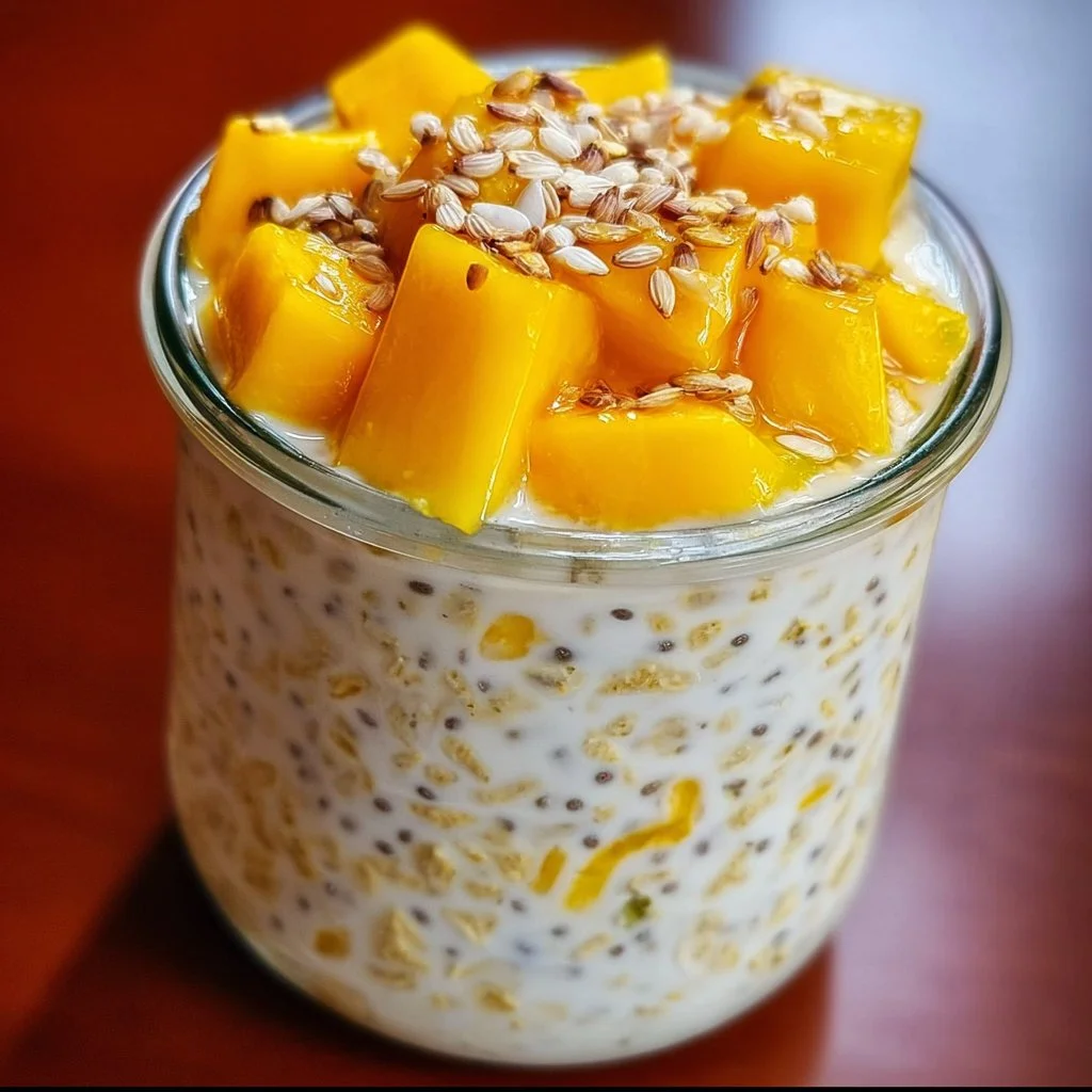 Tropical mango coconut overnight oats in a jar with fresh mango slices