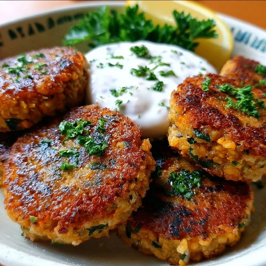 Mediterranean lemon chickpea patties served with yogurt sauce on a plate