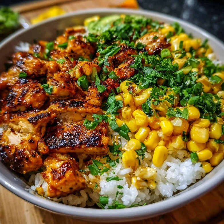 Delicious Ultimate Street Corn Chicken Rice Bowl with fresh ingredients