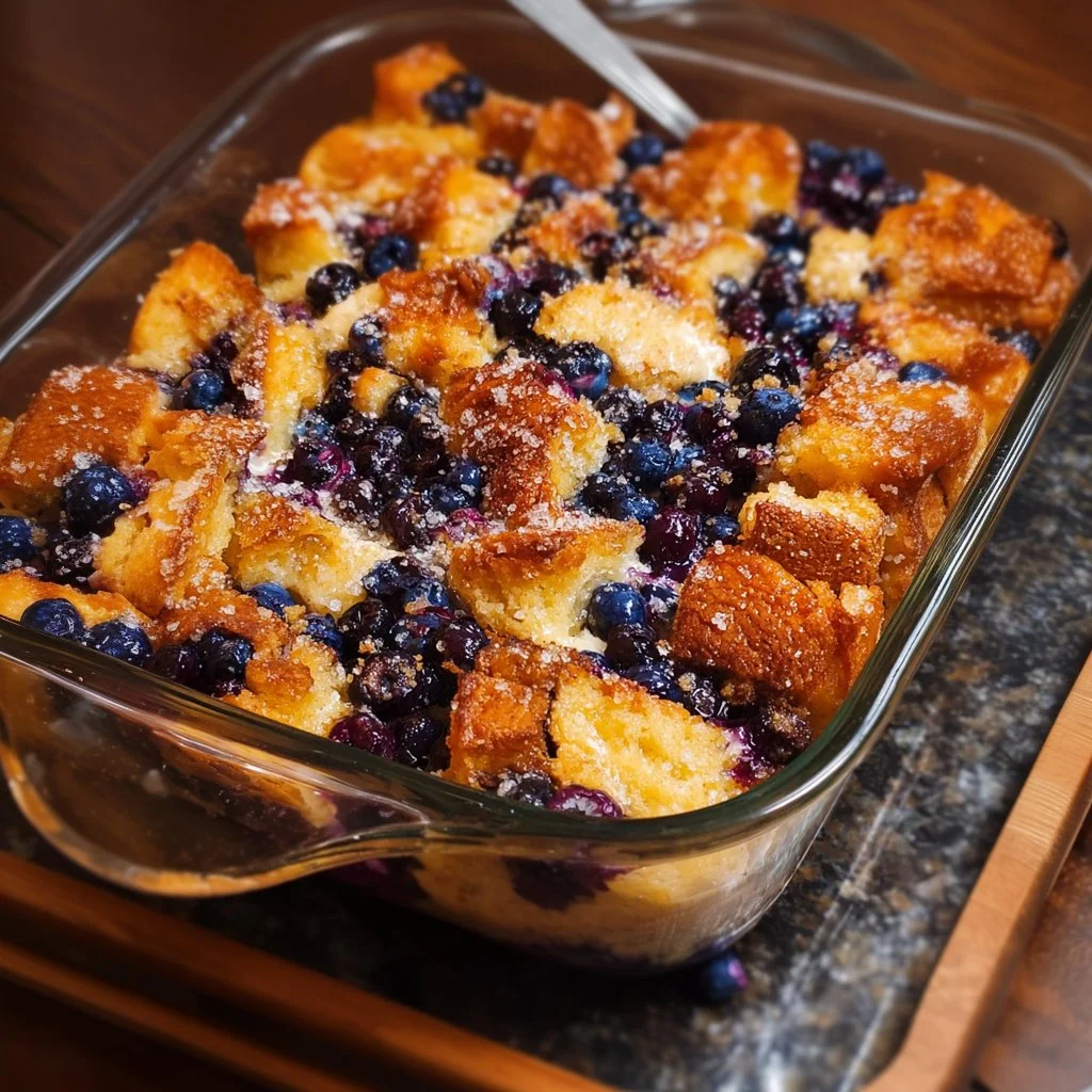 Delicious blueberry French toast casserole topped with syrup and fresh blueberries.