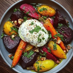 Vibrant roasted beets and carrots salad topped with creamy burrata