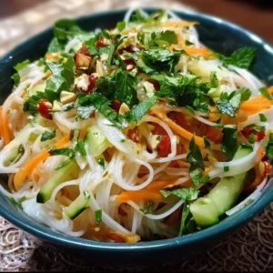 Vietnamese noodle salad topped with fresh vegetables and tangy dressing