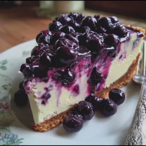 Delicious white chocolate blueberry cheesecake topped with fresh blueberries.