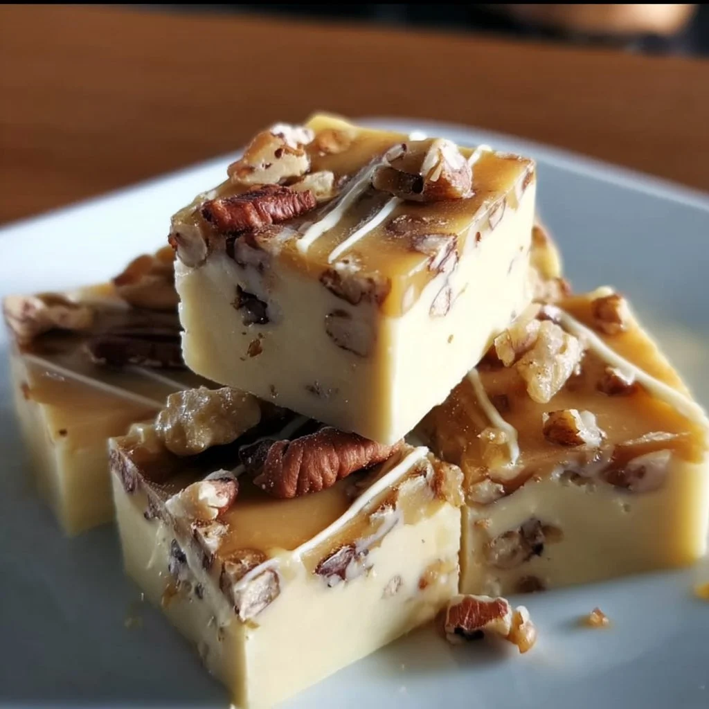 Decadent White Chocolate Caramel Pecan Fudge with nuts and caramel drizzle