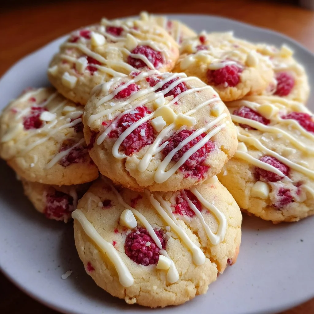 Delicious white chocolate lemon raspberry cookies on a plate