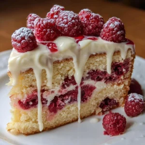 Delicious slice of White Chocolate Raspberry Cake topped with fresh raspberries