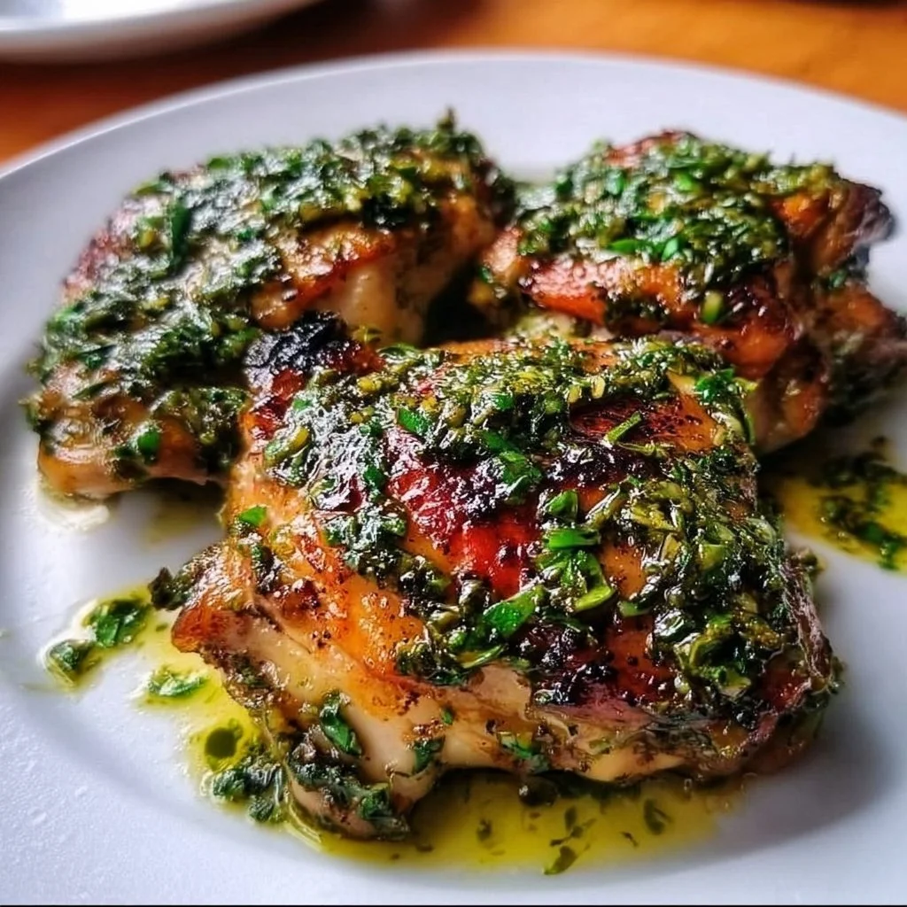 Zesty chimichurri chicken thighs garnished with fresh herbs