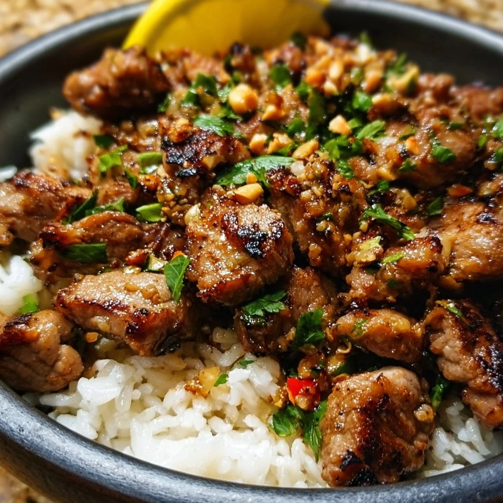 Zesty ginger lime pork dish served with creamy coconut rice