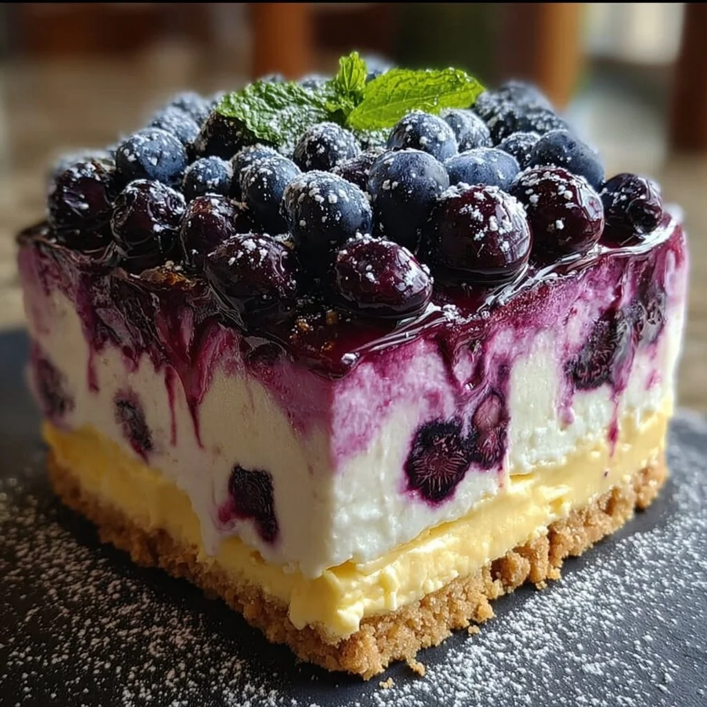 Delicious Lemon Blueberry Cake topped with rich shortbread mousse