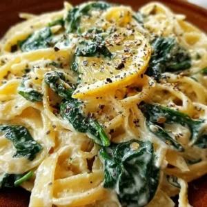 Creamy lemon ricotta pasta with spinach garnished with fresh herbs