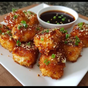 Crispy Air Fryer Asian Salmon Bites served on a plate with dipping sauce