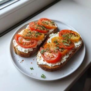 Air Fryer Cottage Cheese Tomato Toast topped with fresh tomatoes and herbs