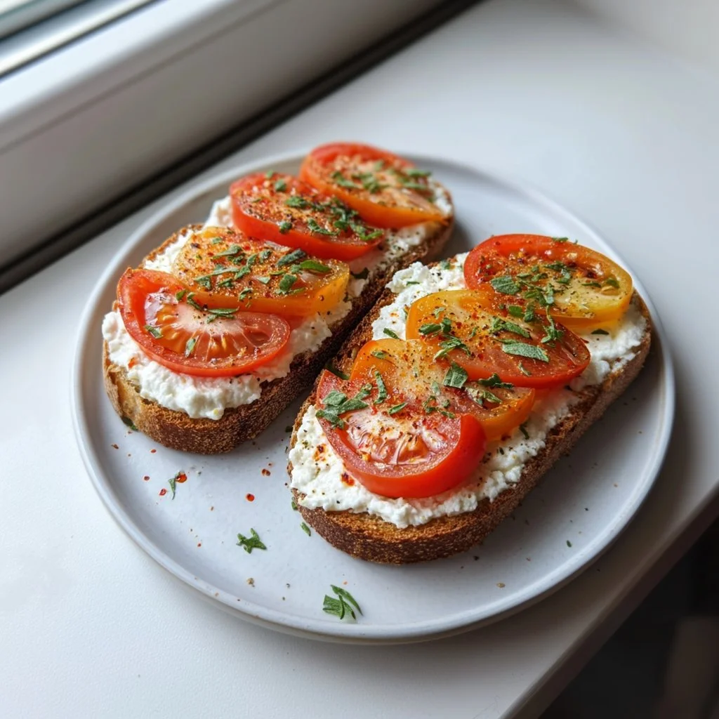 Air Fryer Cottage Cheese Tomato Toast topped with fresh tomatoes and herbs