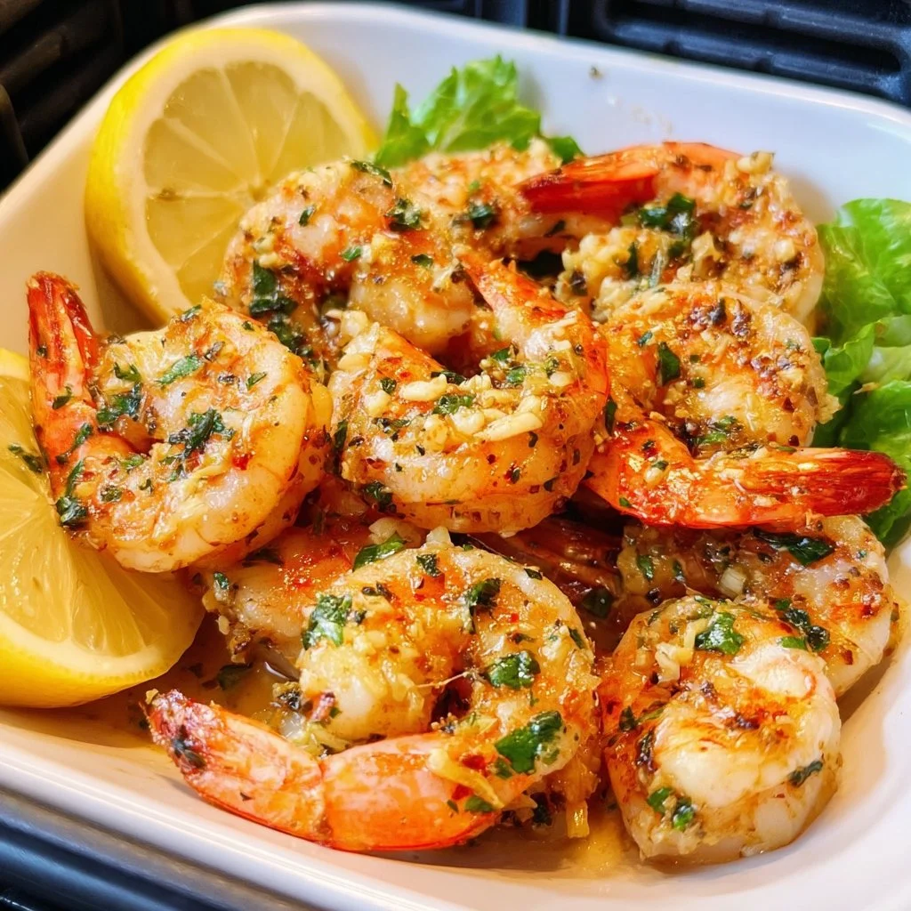 Air Fryer Garlic Butter Shrimp garnished with parsley on a plate.