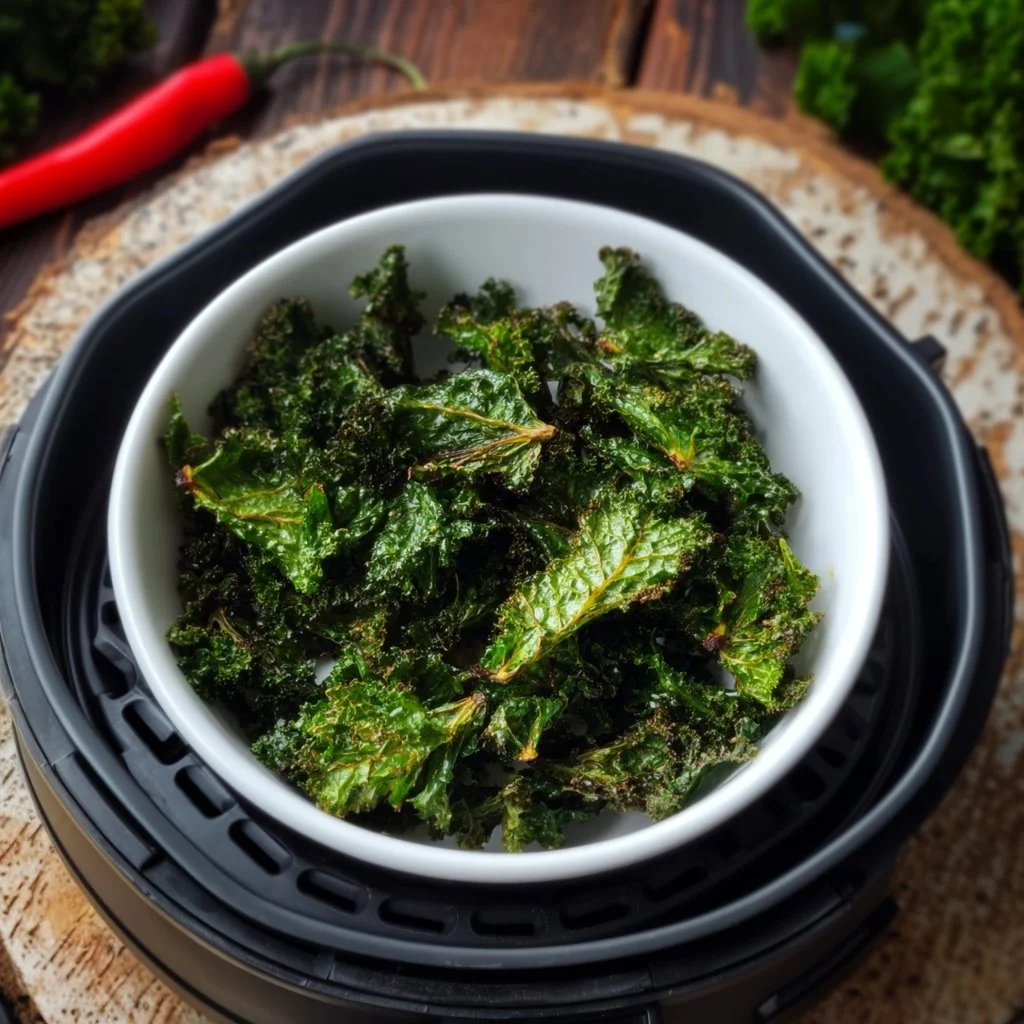 Crispy air fryer kale chips served in a bowl for a healthy snack option