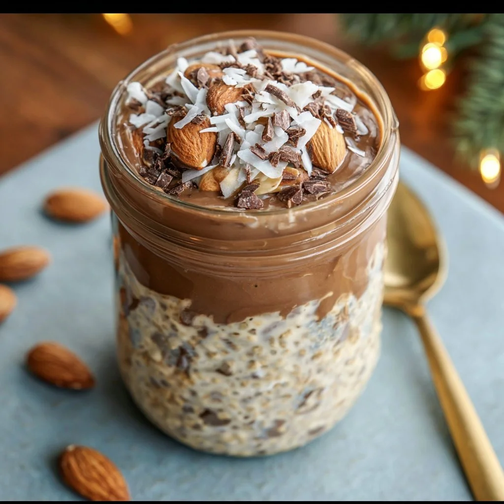 Bowl of Almond Joy overnight oats topped with coconut and chocolate chips