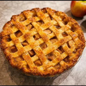 Homemade apple pie with a golden crust and cinnamon-scented filling.
