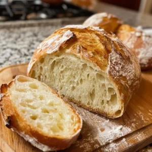 Freshly baked artisan bread loaf with a golden crust and soft interior.