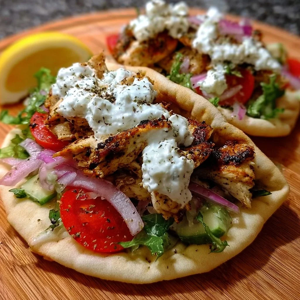 Delicious authentic Greek chicken gyros with fresh vegetables and tzatziki sauce