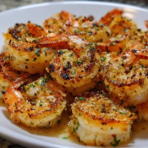 Plate of Baked Garlic Parmesan Shrimp with herbs and lemon slices