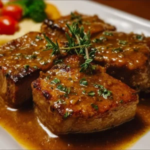 Baked pork cube steak seasoned and cooked to perfection on a plate