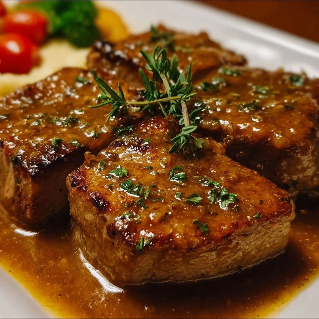 Baked pork cube steak seasoned and cooked to perfection on a plate