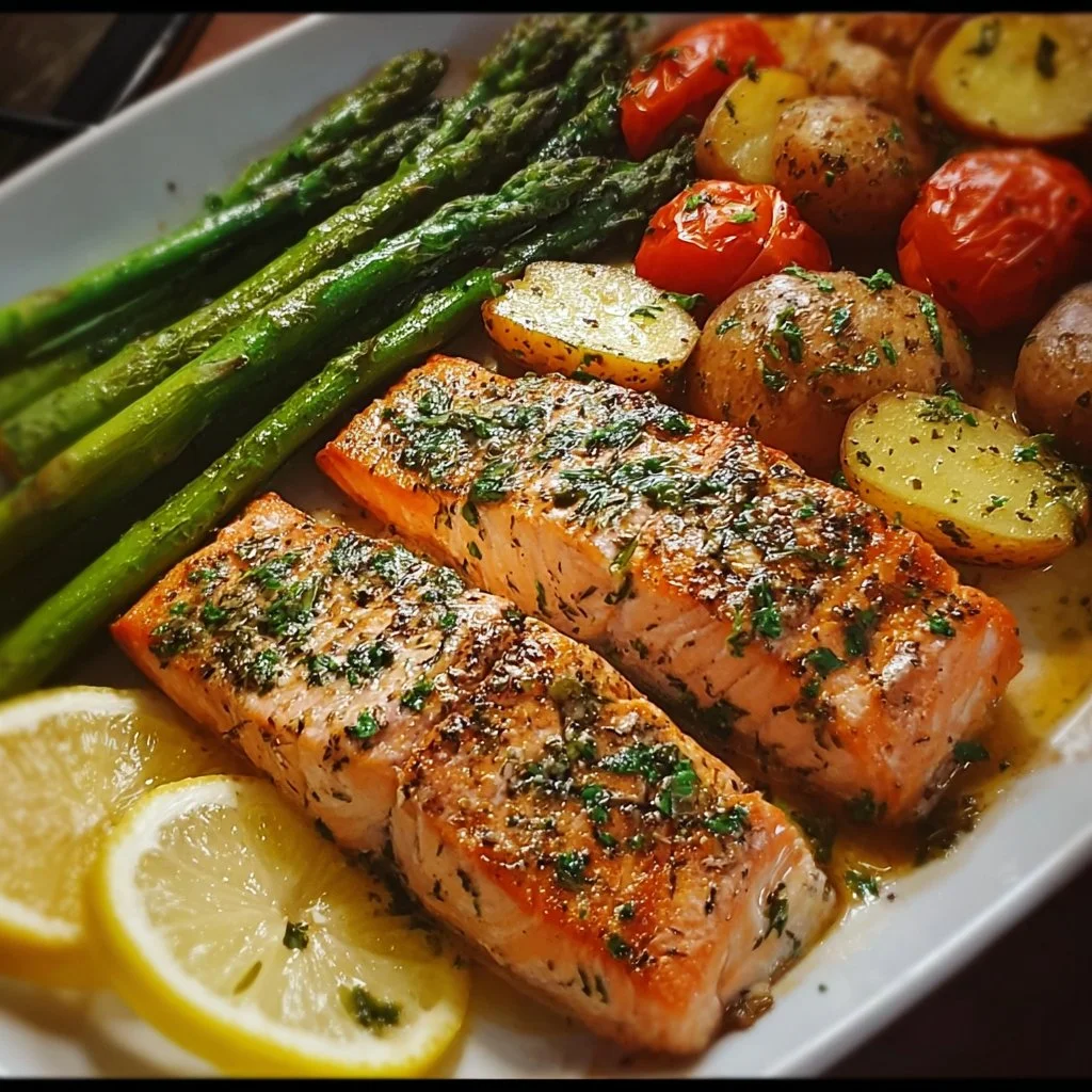 Perfectly baked salmon fillets garnished and ready to serve