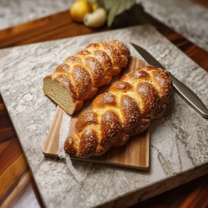 Freshly baked bakery style challah bread on a wooden table.