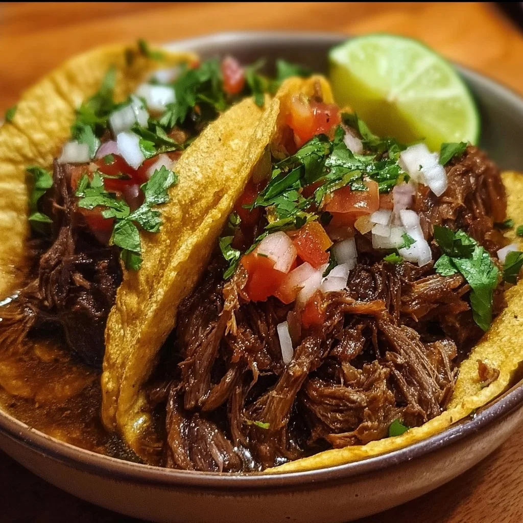 Plate of barbecue beef tacos topped with fresh ingredients
