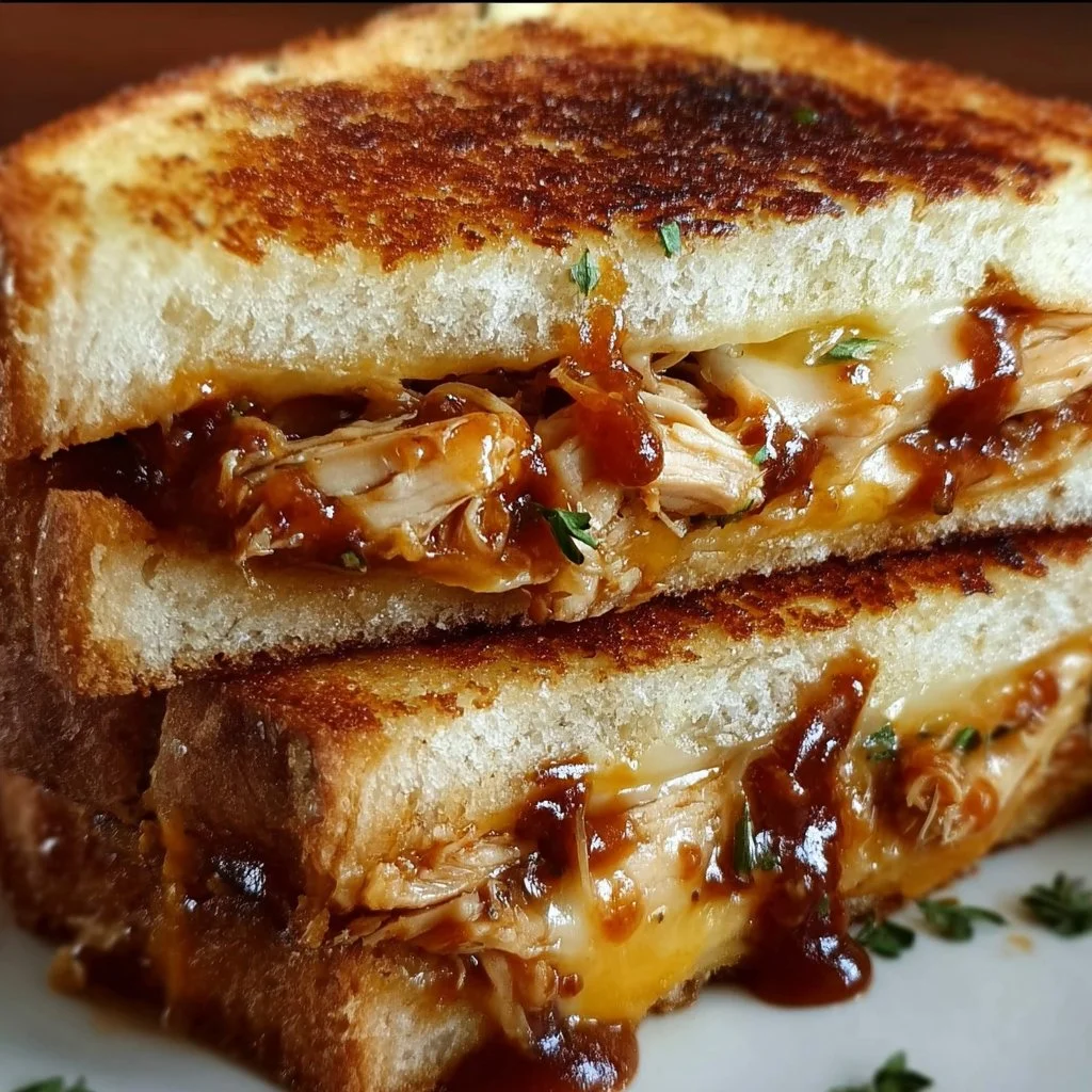 BBQ Chicken Grilled Cheese sandwich with melted cheese and grilled chicken