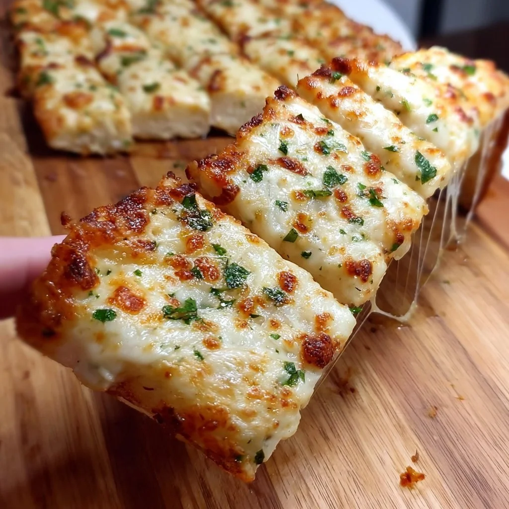 Delicious cheesy garlic bread recipe with melted cheese and fresh garlic