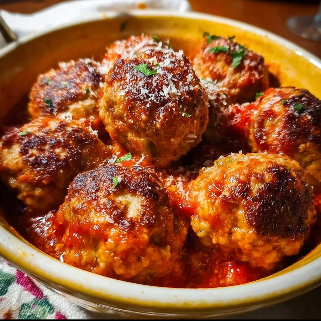 Delicious homemade Italian baked meatballs on a plate with marinara sauce