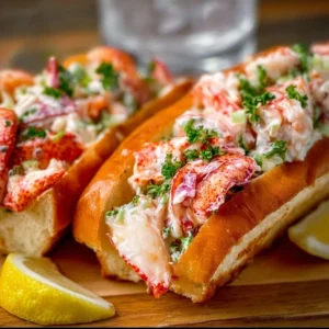 Delicious lobster roll with fresh lobster meat and creamy dressing on a bun