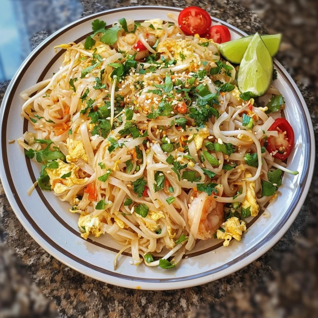 Delicious plate of Pad Thai with shrimp and vegetables