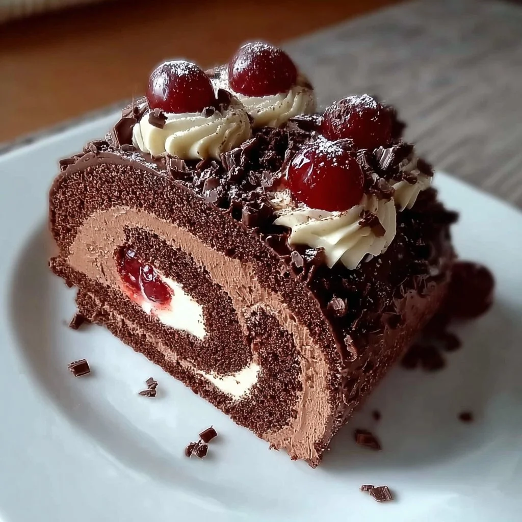 Black Forest Swiss Roll dessert with chocolate and cherry flavors