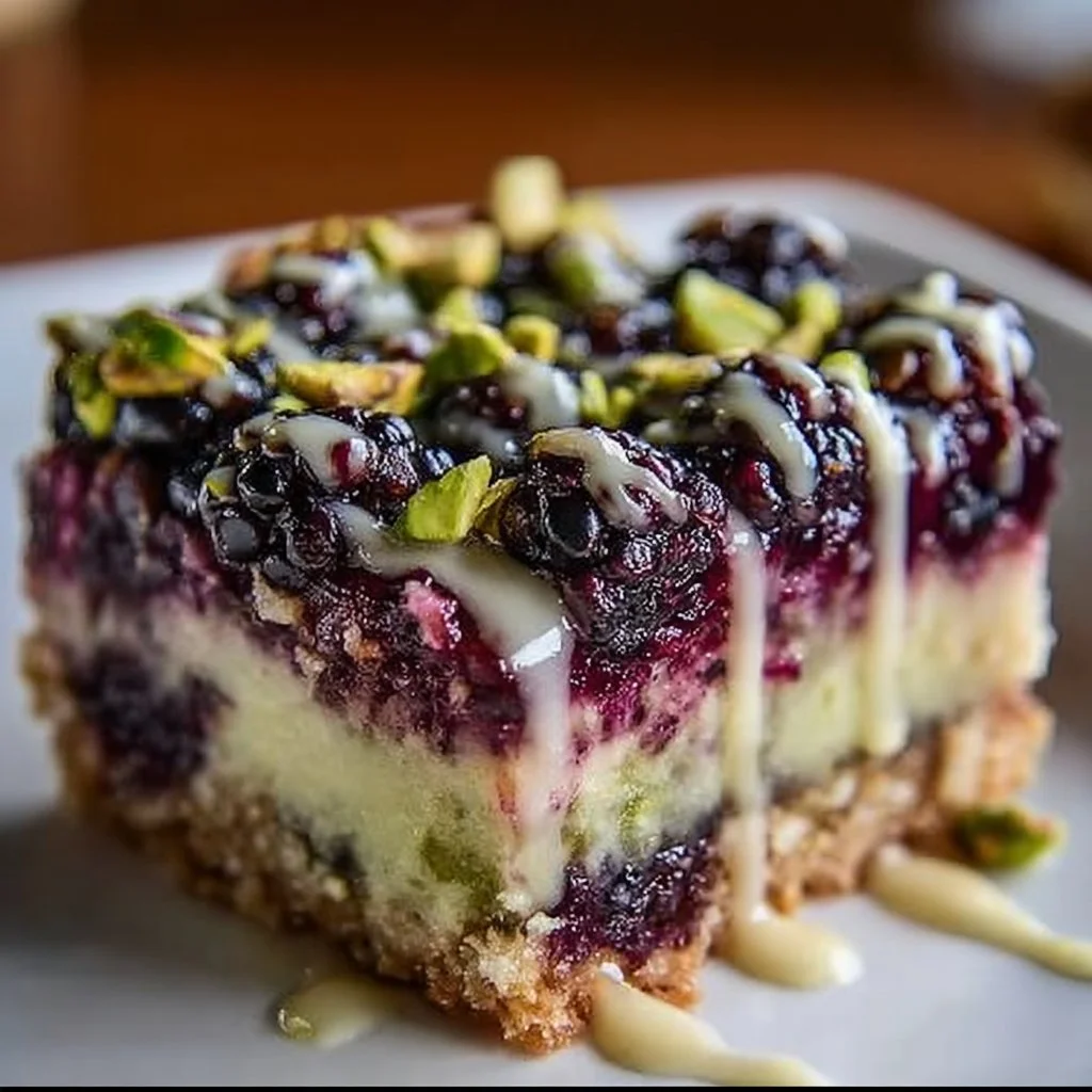 Delicious Blackberry Pistachio Dream Bars with fresh blackberries and pistachios