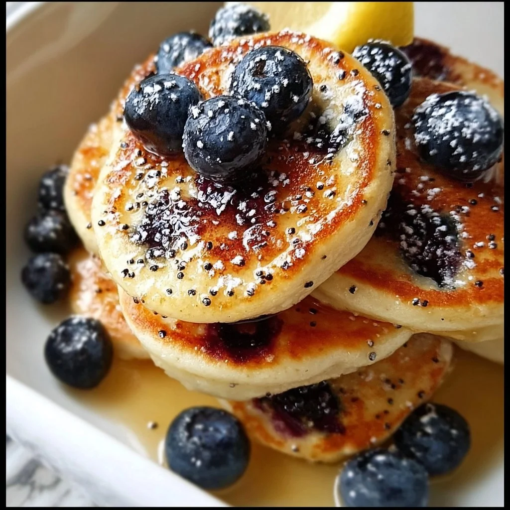 Blueberry lemon mini pancakes stacked on a plate with fresh berries